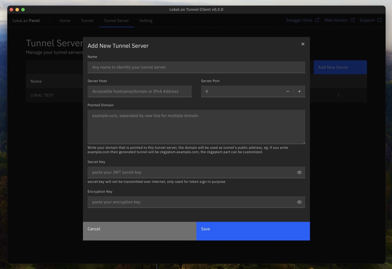 Preview of Add New Tunnel Server Modal on Lokal Tunnel Client app